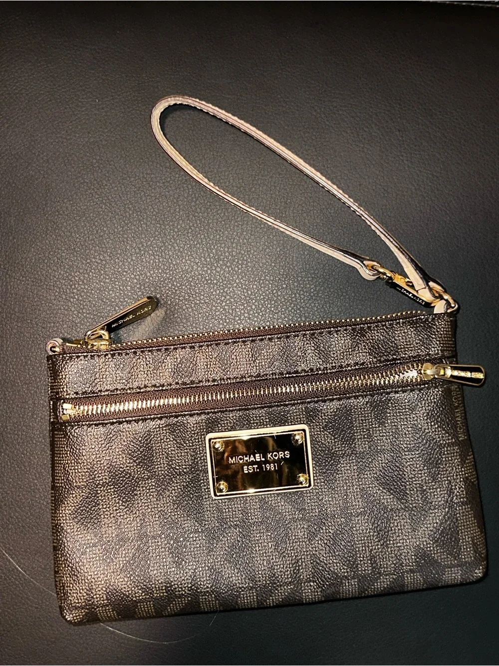 Michael Kors Dark Brown Signature Wristlet with Gold Hardware